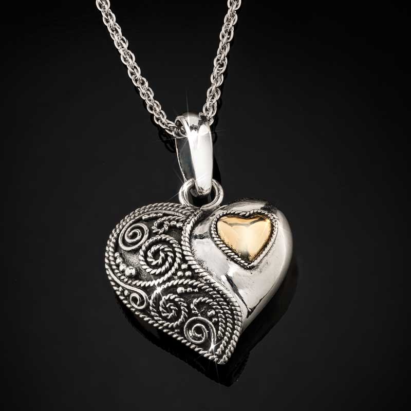 Bali Filigree Heart Pendant, Chain & Earrings